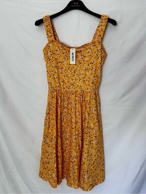 Huhot Orange Ditsy Floral Sundress Ruched Straps Skater Dress S NWT